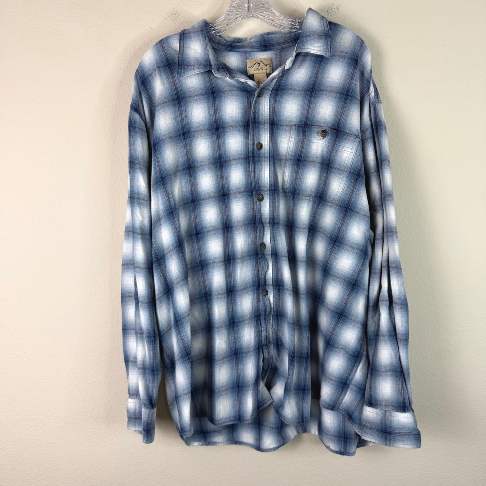 Blue Mountain Shirt Mens 2XLT Blue White Plaid Flannel Long Sleeve Button Down